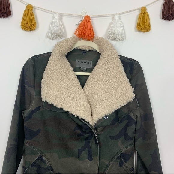 Anthropologie Marrakech Sherpa Collar Green Camo Moto Jacket Size Small - Picture 4 of 15